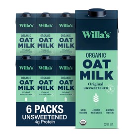 Willa's Organic Oat Milk - Unsweetened Original Oatmilk, Non-GMO, Shelf Stable, Low Sugar, Non-Dairy Vegan Milk, Made from Whole Oats, No Oil, No Gums, 32oz, Pack of 6