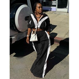 Angsuttc 2 Piece Sets for Women Fall Color Blocked Tracksuit Long Sleeves Crop Jackets Wide-Leg Pants Outfits Black XXL