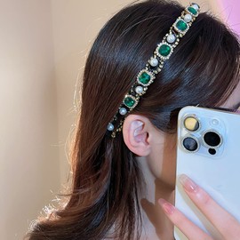 Wiwpar Rhinestone Crystal Headband for Women Girls Sparkly Pearl Beaded Hair Hoops Party Headwear Vintage style Bling Accessories for Women Girls Christmas Gift (Green)