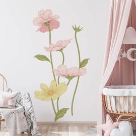 HueBurst Peel and Stick Floral Wall Decals Pink Yellow Flower Decal for Wall Door Large Boho Floral Vinyl Wall Stickers Art Mural Home Decor 57.4" H x 35.4" W for Bedroom Living Room Classroom Office