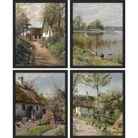 SIGNWIN Framed Poster Charming European Cottage Rustic Village Landscape Wilderness Nature Illustrations Decorative Country/Farmhouse Vintage for Living Room, Bedroom, Office - 11"x14"x4 Black