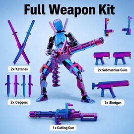 JaiZvt 1-Piece T13 Action Figure, 3D Printed Poseable Dummy 13 Model with Red and Blue Gatling Accessory, Articulated Stick Figure Collectible for Desktop Display