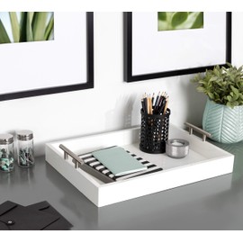 Kate and Laurel Lipton Modern Rectangular Tray, 16.5 x 12.25, White and Silver, Decorative Accent Tray for Storage and Display