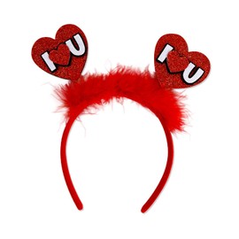 Valentine's Day Headband Red Heart Sequins Glitter Hair Band I Love U Head Boppers with Red Fluff Design Cute Hair Accessories for Valentine's Day Wedding Anniversary Holiday Party Decoration 1Pcs