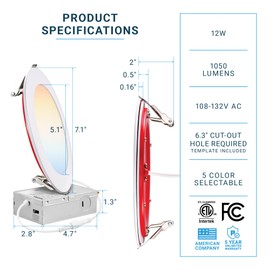 PARMIDA (6 Pack) 6 Inch 2HR Fire Rated LED Recessed Light, ETL, 5 Color Selectable 2700/3000/3500/4000/5000K, 12W Dimmable Ultrathin Canless Wafer Slim Panel Downlight, Wet/IC Rated, No Tenmat Needed