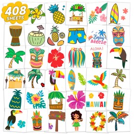 EMOME 408 Sheets Luau Individual Wrapped Kids Tattoos,Hawaiian Temporary Tattoos for Kids Tropical Beach Pool Party Favors Supplies,Fake Tattoos Stickers for Boys Girls