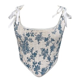 Dreay Womens Vintage Asymmetrical Hem Overbust Corset Tie Front Lace-up Back Bustier Top A22087-Bluewhite-S