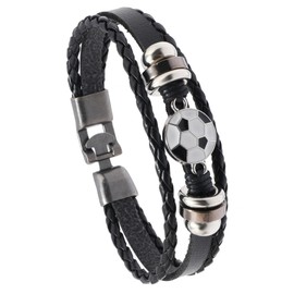 coadipress Sports Leather Bracelets for Men Women Football Basketball Baseball Rugby Wrap Charm Braided Vintage Multilayer Weaving Leather Bracelet Adjustable (Soccer)