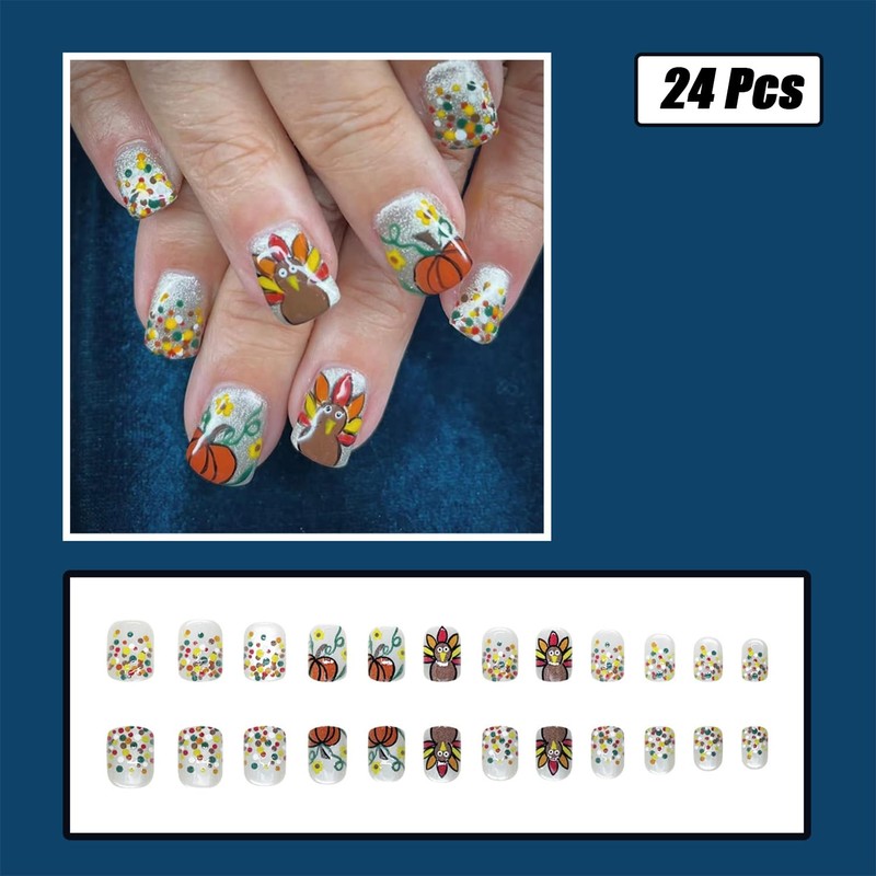 24pcs Fall Press on Nails Short Square Thanksgiving Day Fake