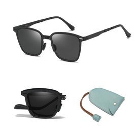 GMKATEYE Polarized Folding Sunglasses For Women & Men, Classic Black Lightweight Foldable Shades UV Protection Square Sunglass for Driving Travel Fishing