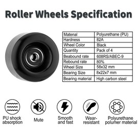 NONMON 4 x Quad Roller Skates Replacement Wheels, 58 mm x 32 mm 82A PU Wheels with Pre-Installed Ball Bearings 608RS ABEC-9, Roller Skate Accessory Set for Outdoor Indoor Double Row Skating Skateboard