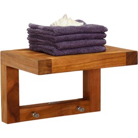 AquaTeak 12" Moa Teak Flat Wall Shelf with Hooks