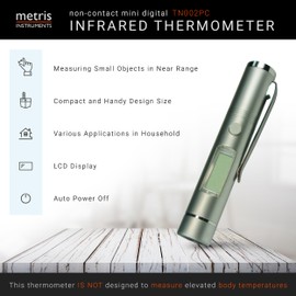 Metris Instruments Mini Digital Infrared Thermometer Certified to UL4200A Reese’s Law for Reptiles, Playground, Automotive, [ -27.4° to 428 °F ] (-33° to 220 °C) 1:1 D:S Ratio, Model TN002PC NO Laser