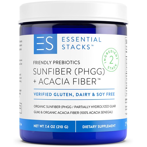 Essential Stacks Organic Sunfiber Prebiotic Fiber (Partially Hydrolyzed Guar Gum/PHGG) with Acacia Fiber Powder - Gluten Free, Non-GMO & Unflavored Soluble Fiber (7.4 oz)