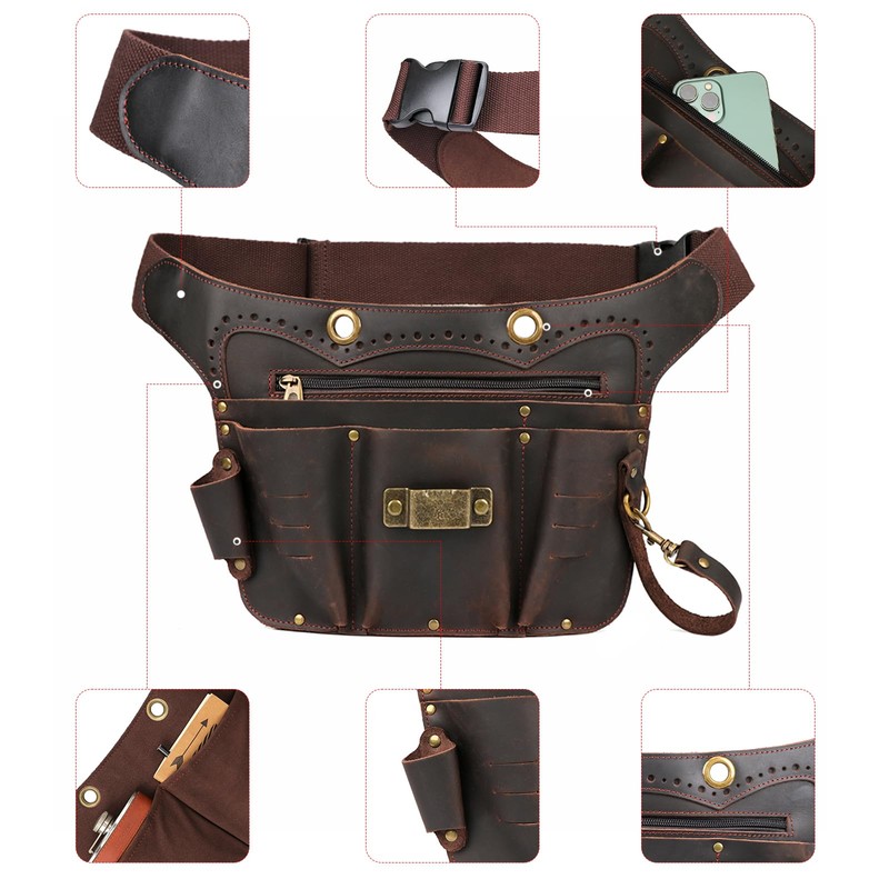 TOURBON Genuine Leather Tool Belt Pouch with Adjustable Waist Belt