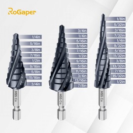 ROGAPER M35 Four Spiral Flute Cobalt Step Drill Bit Set 1/8"-7/8", Industrial Grade Wear-Resistant TiAlN Coated 1/4" Hex Shank Step Bit for Metal, Stainless Steel, Aluminum, Wood, Plastic (3pcs)