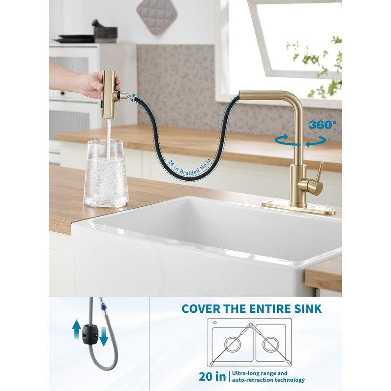 Gold Kitchen Faucets with Pull Down Sprayer,Waterfall Kitchen Sink Faucet,Commercial