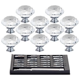 Marveleese 10pcs 40mm Crystal Glass Door Drawer Knobs Diamond Cut Drawer Handles with 1 Sizes Screws for Cupboard Cabinet Wardrobe Home Decorating, Transparent Silver Base (White)