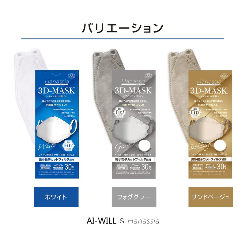 [AI-WILL] Hanassia 3D 立体 不織布マスク 30枚入り(グレー) 男女兼用 3D-Mask ダイヤモンド型 使い捨てマスク