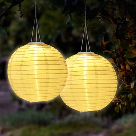 Meisax Pack of 2 Lanterns Solar Outdoor, 25 cm Lanterns, Outdoor Weatherproof Nylon, Decorative Round Hanging Solar Lights for Garden, Yard, Wedding, Birthday Party, Garden Solar Lanterns Lighting, Warm White