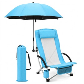 Colingmill 1 Set Low Beach Chair with Umbrella Camping Chair Backpack Folding Recliner Mesh Back with Headrest Cup Holder Carry Bag for Summer Tent Picnics Outdoor Travel Barbecues (Sky Blue)