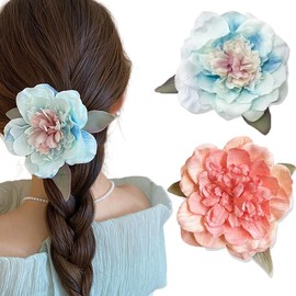 2Pcs Peony Flower Hair Clips Artificial Flower Clips Hawaiian Peony Hair Barrettes Boho Floral Hairpins Headwear Accessories Party Wedding Decor for Women Girls(Blue+Pink)