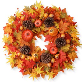 WSTPUPU Fall Wreaths for Front Door 24 Inch Fall Wreath with Orange Pumpkins Pinecones Maple Leaves Large Berries Autumn Wreath for Thanksgiving Harvest Wall and Porch Farmhouse Decor