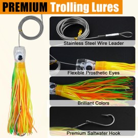 Trolling Lure Saltwater, 6/9inch Offshore Deep Sea Trolling Lures for Tuna Marlin Wahoo Mahi Shark Big Game Fishing Lures Rigged Steel Leader Squid Skirt with Mesh Bag