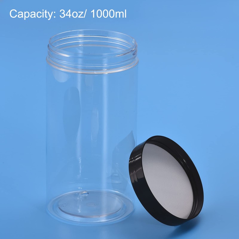 uxcell Round Plastic Jars with Black Screw Top Lid, 34oz/