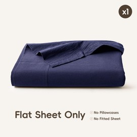 MooMee Flat Top Sheet Only 100% Washed Cotton Linen Like Textured Breathable Durable Soft Comfy (Dark Blue, King)