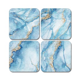 4 x Square Blue Marble Effect Coasters - Agate Art Design Set Teal Gold Theme Gift #78459
