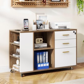 YITAHOME File Cabinet with Charging Station, 3 Drawer Mobile Filing Cabinet with Lock, Printer Stand with Storage for Home Office, Grey Wash & White