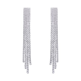 QUKE Chandelier Tassel Clip On Earrings Cubic Zirconia Crystal Long Drop Dangle Chain Not Pierced Earrings for Women Girls, Silver, Cubic Zirconia