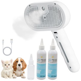 Pet Steam Brush for Cat & Dog – 4-in-1 De-Shedding, Steam Spray, and Self-Cleaning Grooming Tool – Ideal for Long and Short-Haired Pets– Includes 2 Bottles of 120 mL Waterless Shampoo(White)