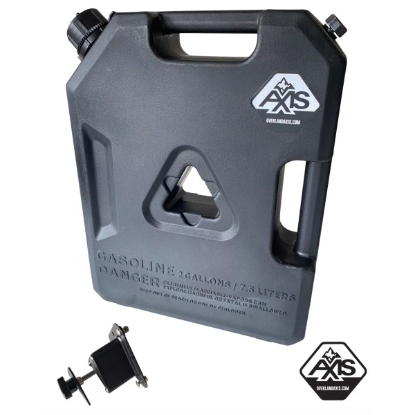 OVERLANDAXIS.COM OVERLAND 2 GALLON BLACK GAS CAN WITH QUICK MOUNT