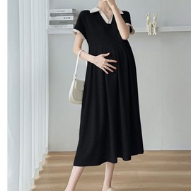 Momkong Maternity One-Piece Dress | Summer Pregnancy Wear Black/XL