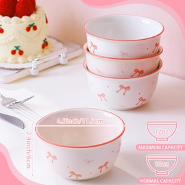 Maxdot 10 oz Pink Bow Ceramic Bowls Set of 4 Coquette Cute Soup Bowl Preppy Dessert Pudding Fruit Salad Decorations for Kitchen Decoration Pink White Bowl