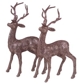 Snow White Set Of 2 Rose Gold Glitter Reindeer Figurines - Christmas Decoration Ornaments.