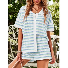 Saodimallsu Womens Striped Pajama Sets Short Sleeve Color Block Crochet Knit Button Top and Shorts 2 Piece Summer Sets
