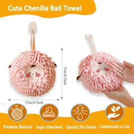 2Pcs Fuzzy Ball Hand Towel, Cute Chenille Hand Towel, Soft Absorbent Hanging Towel Ball, Decorative Fasting Drying Hand Towel Set for Kitchen Bathroom Kids Adults (Sheep)