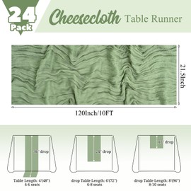 24 Pack Sage Green Table Runner 10Ft Long Cheesecloth Table Runner Rustic Gauze Table Runner Romantic Sage Sheer Fabric Cheese Cloth Table Runner for Wedding Party Bridal Baby Shower