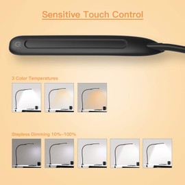 YOUKOYI Desk Lamp with Clamp, Swing Arm Lamp, Flexible Gooseneck Architect Table Lamp - Stepless Dimming, 3 Color Modes, Touch Control, 9W, 1050LUX Eye-Care for Study/Reading/Office/Work (Black)