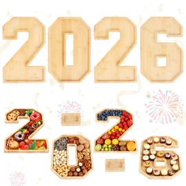 6 Packs 2026 Charcuterie Numbers Letter Board Bamboo Food Serving Trays Wooden Serving Platter for Fruit Vegetable Cupcake Cheese Plates with 2 Sauce Dishes for New Year, Graduation Party Tabletop