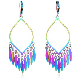 Boho Earrings for women,Tassel Dangling Gold Indian earrings,Chandelier Earring,Rainbow Bollywood Jewelry Leaf Dangle Large Statement Bohemian Mexican Long Drop Earrings With Lever Backs (Rainbow)