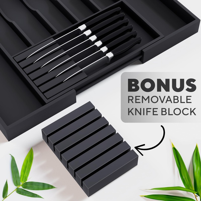 Premium Expandable Kitchen Drawer Organizer - 100% Bamboo Organizer Tray