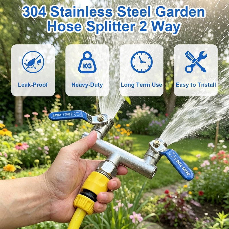 2 Way Garden Hose Splitter, 304 Stainless Steel T Valve,