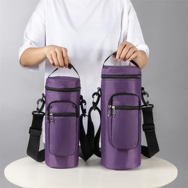 Water Bottle Carrier Bag, 50oz/67oz Bottle Pouch Holder, Adjustable Shoulder Hand Strap 2 Pocket Sling Neoprene Sleeve Sports Water Bottle Accessories for Hiking Travelling Camping (Purple, 67oz)