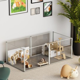Large Guinea Pig Playpen Cage: Pet Indoor Clear Play Pen Whelping Box Fence with Waterproof Floor Liner, Small Animal Tall Transparent Acrylic Enclosure Crate with Metal Frame for Rabbit Hamster