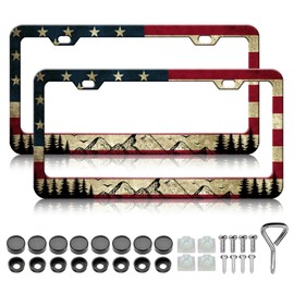 American Flag License Plate Frames - 2 Pack USA Flag Mountain Forest License Plate Holder,Stainless Steel Rust-Proof Waterproof Car Decorative Tag Frame with Screws Fasteners Caps