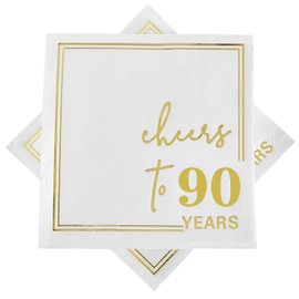 Ottin White Gold Cheers to 90 Years Cocktail Paper Napkins, 5x5 Inches, 50 Counts, 3-Ply Disposable Party Napkins for 90th Birthdays Decorations, Anniversaries, Weddings, Indoor & Outdoor Celebrations